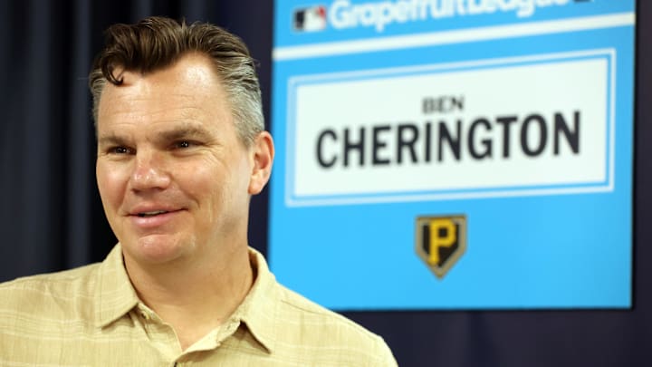 Feb 15, 2024; Tampa, FL, USA; Pittsburgh Pirates general manager Ben Cherington talks with media at George M. Steinbrenner Field. Mandatory Credit: Kim Klement Neitzel-Imagn Images