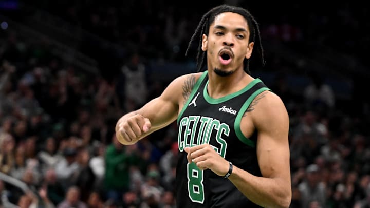 Boston Celtics forward Josh Minott (8) during a game against the Houston Rockets. Boston Celtics forward Josh Minott (8) during a game against the Houston Rockets.