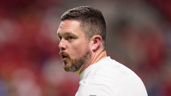 Oregon head coach Dan Lanning takes the field as the Oregon Ducks face the Indiana Hoosiers in the Peach Bowl on Jan. 9, 2026, at Mercedes-Benz Stadium in Atlanta, Georgia.
