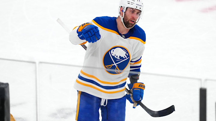 Jan 4, 2025; Las Vegas, Nevada, USA; Buffalo Sabres left wing Jason Zucker (17) celebrates after scoring a goal against the Vegas Golden Knights during the third period at T-Mobile Arena. Mandatory Credit: Stephen R. Sylvanie-Imagn Images