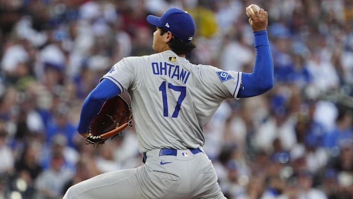 Aug 20, 2025; Denver, Colorado, USA; Los Angeles Dodgers two-way player Shohei Ohtani (17) delivers a pitch