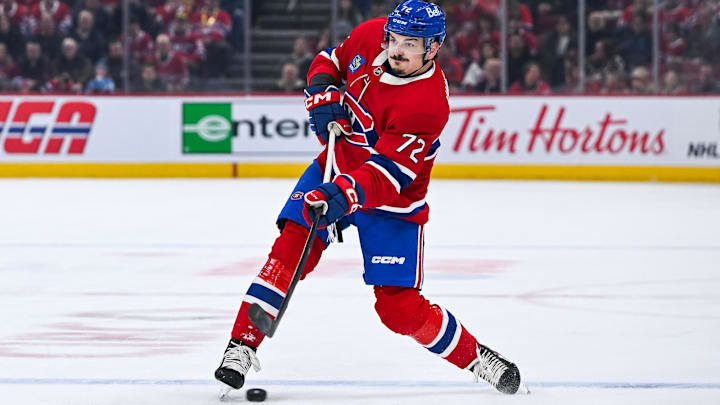 Mar 15, 2026; Montreal, Quebec, CAN; Montreal Canadiens defenseman Arber Xhekaj (72) shoots the puck against the Anaheim Ducks during the first period at Bell Centre. Mandatory Credit: David Kirouac-Imagn Images Mar 15, 2026; Montreal, Quebec, CAN; Montreal Canadiens defenseman Arber Xhekaj (72) shoots the puck against the Anaheim Ducks during the first period at Bell Centre. Mandatory Credit: David Kirouac-Imagn Images