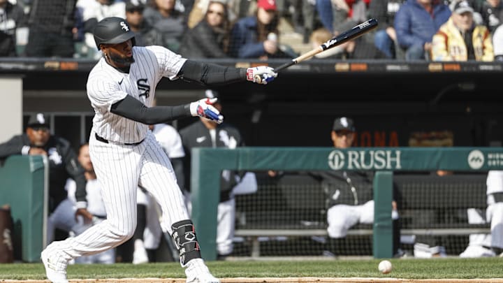 Mar 28, 2024; Chicago, Illinois, USA; Chicago White Sox center fielder Luis Robert Jr. (88) singles
