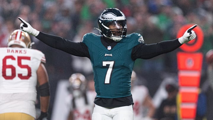 Dec 3, 2023; Philadelphia, Pennsylvania, USA; Philadelphia Eagles linebacker Haason Reddick (7) reacts after a defensive stop against the San Francisco 49ers during the first quarter at Lincoln Financial Field. Mandatory Credit: Bill Streicher-Imagn Images