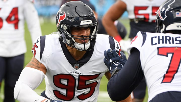 Nov 21, 2021; Nashville, Tennessee, USA; Houston Texans defensive end Derek Rivers (95) goes through drills against the Tennessee Titans during pre-game warm ups at Nissan Stadium. Mandatory Credit: Steve Roberts-USA TODAY Sports Nov 21, 2021; Nashville, Tennessee, USA; Houston Texans defensive end Derek Rivers (95) goes through drills against the Tennessee Titans during pre-game warm ups at Nissan Stadium. Mandatory Credit: Steve Roberts-USA TODAY Sports