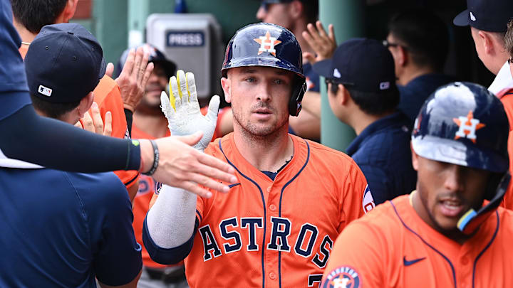 Aug 11, 2024; Boston, Massachusetts, USA; Houston Astros third baseman Alex Bregman (2) celebrates his three-run home run against the Boston Red Sox during the fifth inning at Fenway Park. Mandatory Credit: Eric Canha-Imagn Images Aug 11, 2024; Boston, Massachusetts, USA; Houston Astros third baseman Alex Bregman (2) celebrates his three-run home run against the Boston Red Sox during the fifth inning at Fenway Park. Mandatory Credit: Eric Canha-Imagn Images