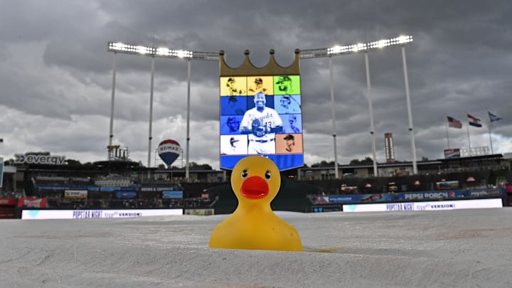 Jul 1, 2023; Kansas City, Missouri, USA; A general view of Kauffman stadium during a rain delay before the game between the Kansas City Royals and Los Angeles Dodgers. Mandatory Credit: Peter Aiken-Imagn Images Jul 1, 2023; Kansas City, Missouri, USA; A general view of Kauffman stadium during a rain delay before the game between the Kansas City Royals and Los Angeles Dodgers. Mandatory Credit: Peter Aiken-Imagn Images