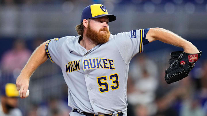 Sep 23, 2023; Miami, Florida, USA; Milwaukee Brewers starting pitcher Brandon Woodruff (53) throws a pitch against the Miami Marlins during the first inning at loanDepot Park. Mandatory Credit: Rich Storry-Imagn Images