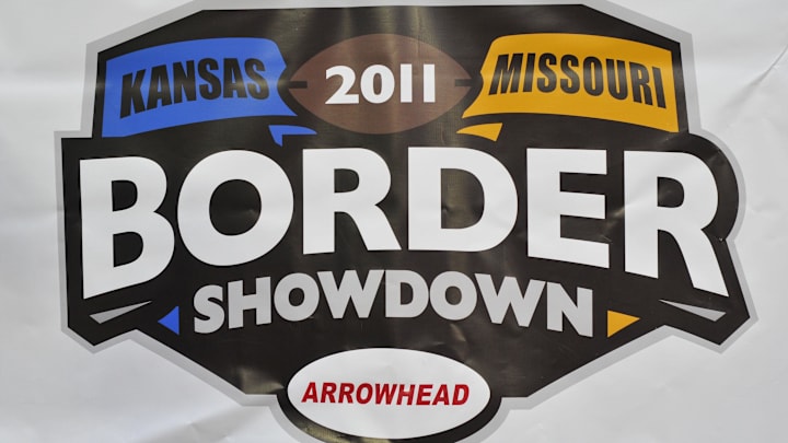 November 26, 2011; Kansas City, MO, USA; A general view of the Border Showdown banner before the game between the Kansas Jayhawks and Missouri Tigers at Arrowhead Stadium. Mandatory Credit: Denny Medley-Imagn Images November 26, 2011; Kansas City, MO, USA; A general view of the Border Showdown banner before the game between the Kansas Jayhawks and Missouri Tigers at Arrowhead Stadium. Mandatory Credit: Denny Medley-Imagn Images