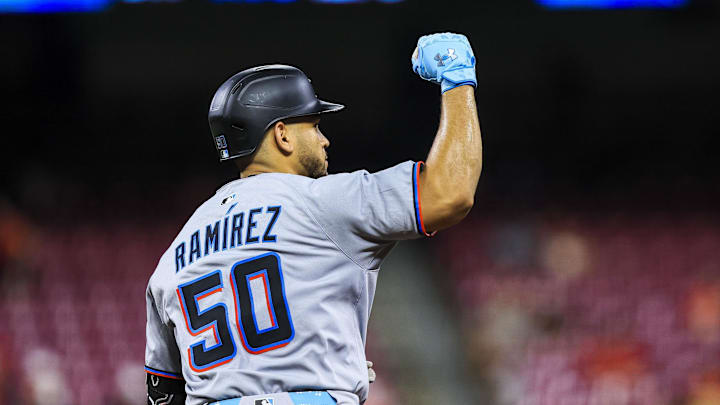 Cincinnati, Ohio, USA; Miami Marlins catcher Agustin Ramirez (50) runs the bases after hitting a solo home run in the seventh inning against the Cincinnati Reds at Great American Ball Park.