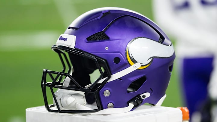 Detailed view of a Minnesota Vikings helmet during an NFC wild card game at State Farm Stadium. 