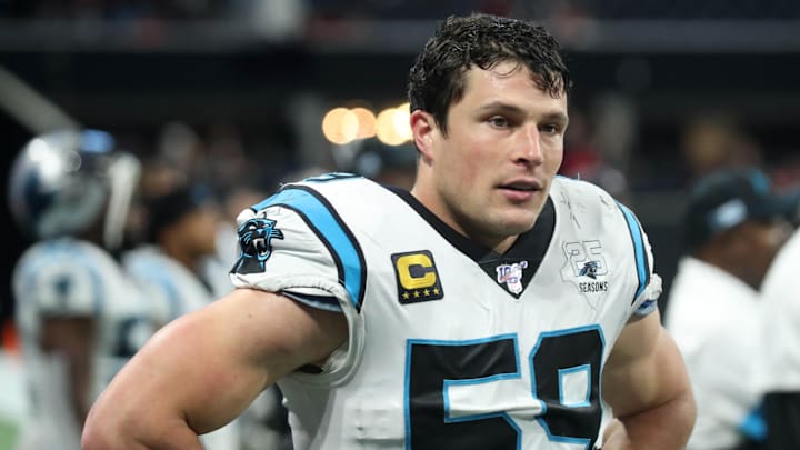 Dec 8, 2019; Atlanta, GA, USA; Carolina Panthers middle linebacker Luke Kuechly (59) reacts after a play in the fourth quarter against the Atlanta Falcons at Mercedes-Benz Stadium. Mandatory Credit: Jason Getz-Imagn Images