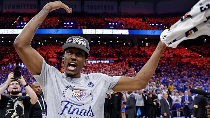 May 28, 2025; Oklahoma City, Oklahoma, USA; Oklahoma City Thunder forward Jalen Williams (8) celebrate after defeating the Minnesota Timberwolves game five to win western conference finals to win the 2025 NBA Playoffs at Paycom Center. Mandatory Credit: Alonzo Adams-Imagn Images