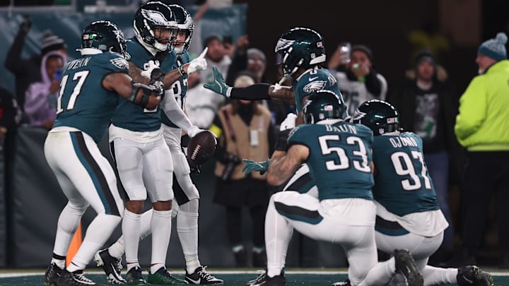 The Eagles celebrate Darius Slay Jr.'s interceptions, one of three on the day for the Philadelphia defense.