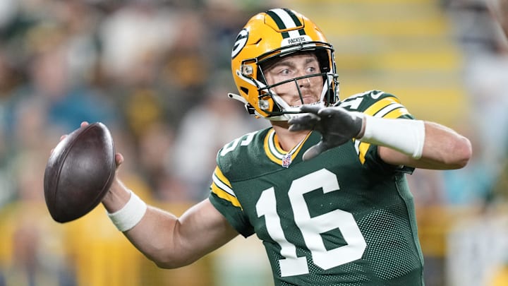 Aug 9, 2025; Green Bay, Wisconsin, USA;  Green Bay Packers quarterback Sean Clifford (16) throws the ball during the second half against the New York Jets at Lambeau Field. Mandatory Credit: Kayla Wolf-Imagn Images