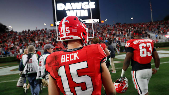 Georgia quarterback Carson Beck (15) heads to the locker room after a NCAA college football game against Missouri in Athens, Ga., on Saturday, Nov. 4, 2023. Georgia won 30-21.