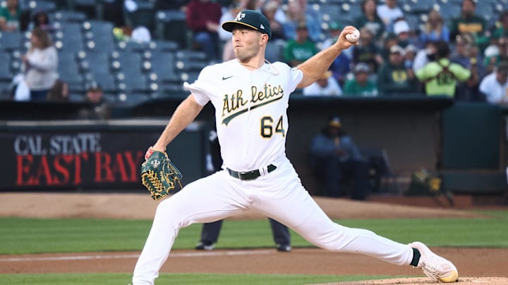 Sep 22, 2023; Oakland, California, USA; Oakland Athletics starting pitcher Ken Waldichuk (64) pitches the ball against the Detroit Tigers during the first inning at Oakland-Alameda County Coliseum. Mandatory Credit: Kelley L Cox-Imagn Images Sep 22, 2023; Oakland, California, USA; Oakland Athletics starting pitcher Ken Waldichuk (64) pitches the ball against the Detroit Tigers during the first inning at Oakland-Alameda County Coliseum. Mandatory Credit: Kelley L Cox-Imagn Images