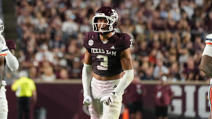 Aug 30, 2025; College Station, Texas, USA; Texas A&M Aggies safety Marcus Ratcliffe (3) celebrates during the second half against the UTSA Roadrunners at Kyle Field. Mandatory Credit: Sean Thomas-Imagn Images