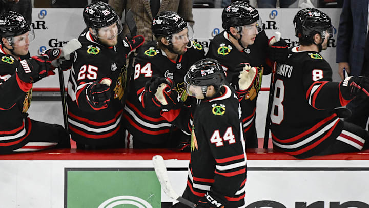 Mar 20, 2026; Chicago, Illinois, USA;  Chicago Blackhawks defenseman Wyatt Kaiser (44) celebrates with teammates after he scores against the Colorado Avalanche during the second period at United Center. Mandatory Credit: Matt Marton-Imagn Images