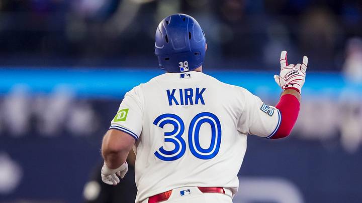 Mar 28, 2026; Toronto, Ontario, CAN; Toronto Blue Jays catcher Alejandro Kirk (30) celebrates hitting a home run against the Athletics during the ninth inning at Rogers Centre.