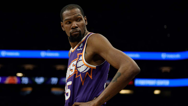 Apr 7, 2024; Phoenix, Arizona, USA;  Phoenix Suns forward Kevin Durant (35) reacts between plays against the New Orleans Pelicans in the second half at Footprint Center. Mandatory Credit: Allan Henry-Imagn Images