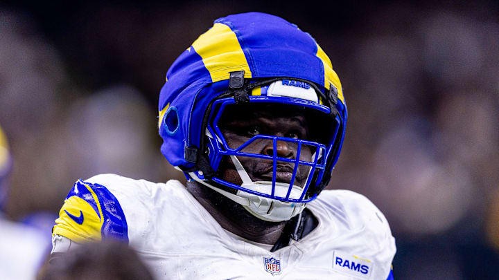 Dec 1, 2024; New Orleans, Louisiana, USA; Detailed view of the Guardian cap worn by Los Angeles Rams guard Kevin Dotson (69) against th e New Orleans Saints during the second half at Caesars Superdome. Mandatory Credit: Stephen Lew-Imagn Images Dec 1, 2024; New Orleans, Louisiana, USA; Detailed view of the Guardian cap worn by Los Angeles Rams guard Kevin Dotson (69) against th e New Orleans Saints during the second half at Caesars Superdome. Mandatory Credit: Stephen Lew-Imagn Images