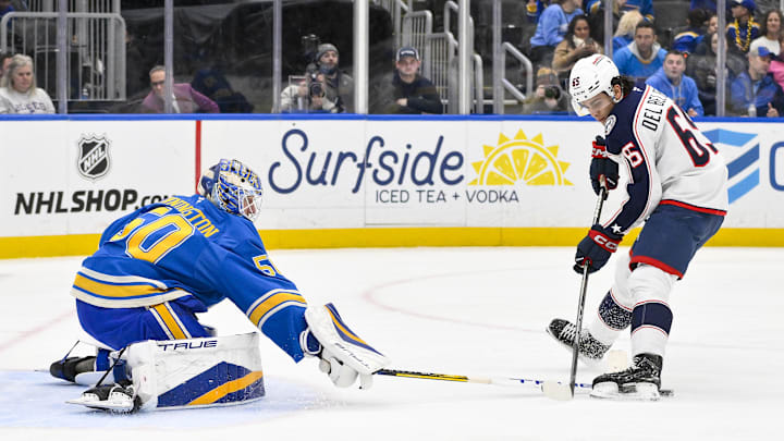 Jan 11, 2025; St. Louis, Missouri, USA;  St. Louis Blues goaltender Jordan Binnington (50) defends the net against Columbus Blue Jackets center Luca Del Bel Belluz (65) during the third period at Enterprise Center. Mandatory Credit: Jeff Curry-Imagn Images