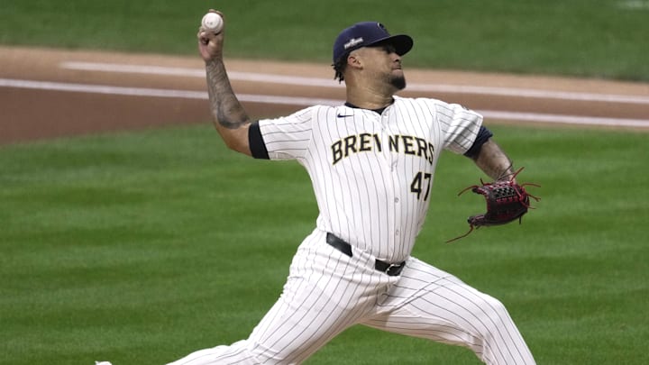 Oct 2, 2024; Milwaukee, Wisconsin, USA; Milwaukee Brewers pitcher Frankie Montas (47) throws during the first inning against the New York Mets in game two of their wild-card playoff game at American Family Field. Mandatory Credit: Mark Hoffman-Imagn Images