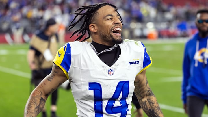 Los Angeles Rams cornerback Cobie Durant celebrates after defeating the Arizona Cardinals at State Farm Stadium.