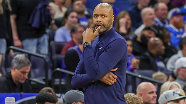 Dec 26, 2024; Orlando, Florida, USA; Orlando Magic head coach Jamahl Mosley looks on during the second quarter against the Miami Heat at Kia Center. Mandatory Credit: Mike Watters-Imagn Images