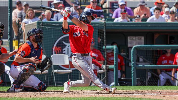 Mar 6, 2026; Lakeland, Florida, USA; Boston Red Sox second baseman Tyler McDonough (91) bats during the third inning against the Detroit Tigers at Publix Field at Joker Marchant Stadium. Mandatory Credit: Mike Watters-Imagn Images Mar 6, 2026; Lakeland, Florida, USA; Boston Red Sox second baseman Tyler McDonough (91) bats during the third inning against the Detroit Tigers at Publix Field at Joker Marchant Stadium. Mandatory Credit: Mike Watters-Imagn Images