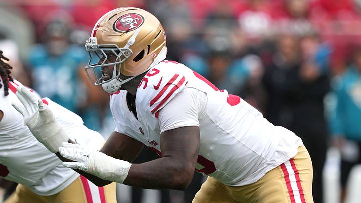 Sep 28, 2025; Santa Clara, California, USA; San Francisco 49ers defensive end Mykel Williams (98) during the second quarter against the Jacksonville Jaguars at Levi's Stadium. Mandatory Credit: Darren Yamashita-Imagn Images Sep 28, 2025; Santa Clara, California, USA; San Francisco 49ers defensive end Mykel Williams (98) during the second quarter against the Jacksonville Jaguars at Levi's Stadium. Mandatory Credit: Darren Yamashita-Imagn Images