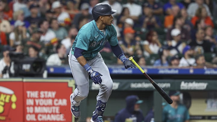 Seattle Mariners second baseman Jorge Polanco hits an RBI double against the Houston Astros on Sept. 23 at Minute Maid Park. Seattle Mariners second baseman Jorge Polanco hits an RBI double against the Houston Astros on Sept. 23 at Minute Maid Park.
