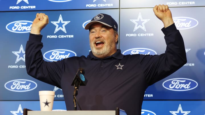 Jun 4, 2024; Frisco, TX, USA;  Dallas Cowboys head coach Mike McCarthy addresses the media before practice at the Ford Center at the Star Training Facility in Frisco, Texas. Mandatory Credit: Tim Heitman-USA TODAY Sports