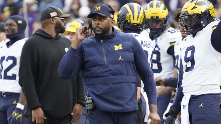 Nov 15, 2025; Chicago, Illinois, USA; Michigan Wolverines head coach Sherrone Moore on the sidelines against the Northwestern Wildcats during the first half at Wrigley Field. Mandatory Credit: David Banks-Imagn Images Nov 15, 2025; Chicago, Illinois, USA; Michigan Wolverines head coach Sherrone Moore on the sidelines against the Northwestern Wildcats during the first half at Wrigley Field. Mandatory Credit: David Banks-Imagn Images