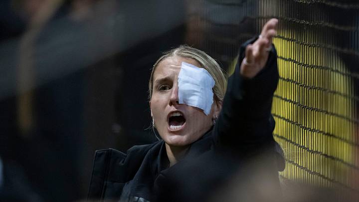 Oregon pitcher Lyndsey Grein rallies the crowd from the dugout as the Oregon Ducks host the Idaho State Bengals in an NCAA regional on May 15, 2026, at Jane Sanders Stadium in Eugene, Oregon.