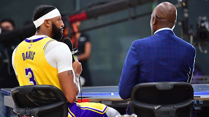 Sep 26, 2022; El Segundo, CA, USA; Los Angeles Lakers forward Anthony Davis (3) is interviewed by