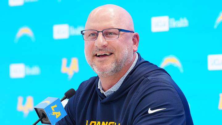 Apr 16, 2026; El Segundo, CA, USA; Los Angeles Chargers general manager Joe Hortiz speaks at press conference at The Bolt. Mandatory Credit: Kirby Lee-Imagn Images