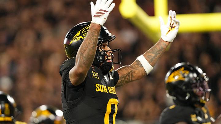 Sep 26, 2025; Tempe, Arizona, USA; Arizona State Sun Devils wide receiver Jordyn Tyson (0) celebrates quarterback Sam Leavitt’s (not pictured) touchdown against TCU Horned Frogs during the first half at Mountain America Stadium, Home of the ASU Sun Devils. Mandatory Credit: Jacob Reiner-Imagn Images