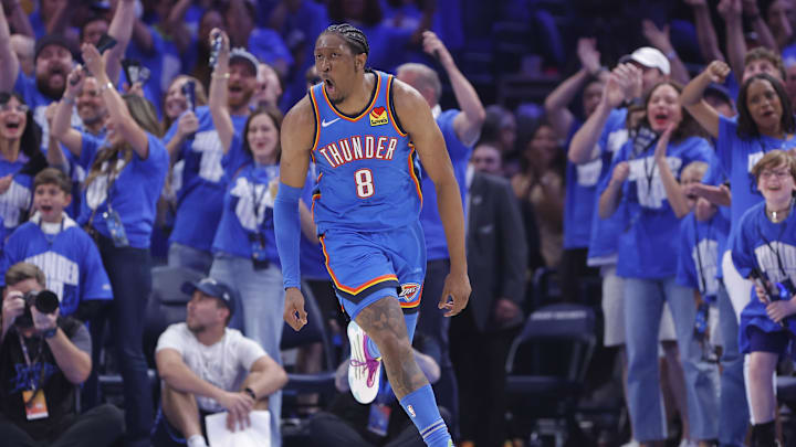 May 18, 2025; Oklahoma City, Oklahoma, USA; Oklahoma City Thunder forward Jalen Williams (8) celebrates after scoring against the Denver Nuggets in the second quarter during Game 7 of the second round at Paycom Center. Mandatory Credit: Alonzo Adams-Imagn Images