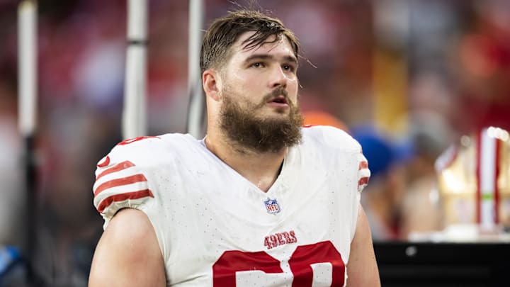 Jan 5, 2025; Glendale, Arizona, USA; San Francisco 49ers offensive tackle Colton McKivitz (68) against the Arizona Cardinals at State Farm Stadium. Mandatory Credit: Mark J. Rebilas-Imagn Images