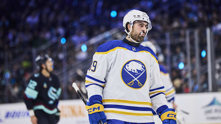 Dec 14, 2025; Seattle, Washington, USA; Buffalo Sabres right wing Alex Tuch (89) looks on during the second period against the Seattle Kraken at Climate Pledge Arena. Mandatory Credit: Blake Dahlin-Imagn Images Dec 14, 2025; Seattle, Washington, USA; Buffalo Sabres right wing Alex Tuch (89) looks on during the second period against the Seattle Kraken at Climate Pledge Arena. Mandatory Credit: Blake Dahlin-Imagn Images