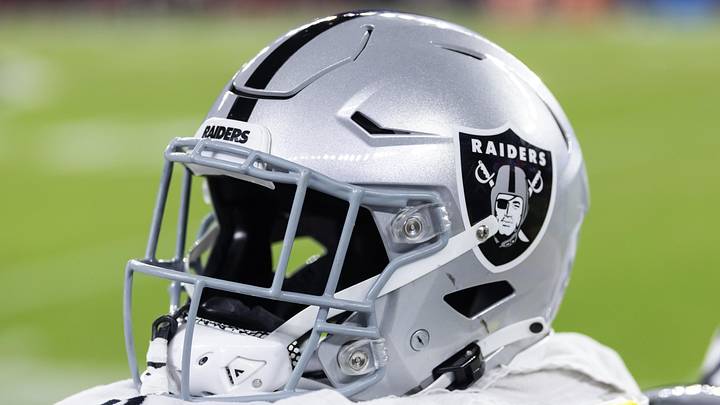 Aug 23, 2025; Glendale, Arizona, USA; Detailed view of a Las Vegas Raiders helmet during a preseason NFL game at State Farm Stadium. Mandatory Credit: Mark J. Rebilas-Imagn Images