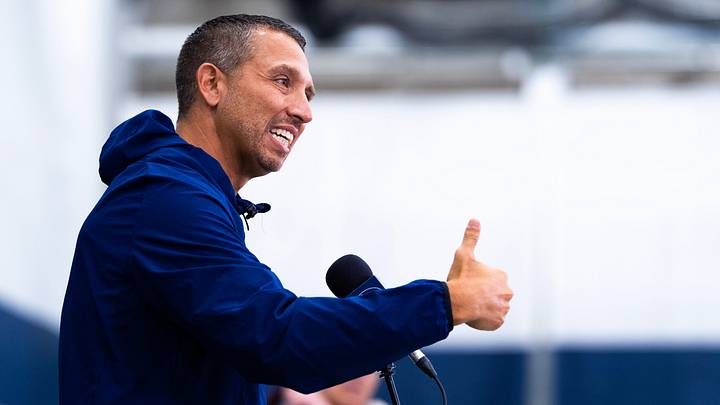 Penn State Nittany Lions football coach Matt Campbell answers a question during football media day in Holuba Hall. Penn State Nittany Lions football coach Matt Campbell answers a question during football media day in Holuba Hall.
