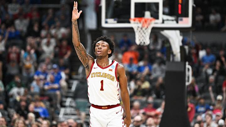 Mar 22, 2026; St. Louis, MO, USA; Iowa State Cyclones guard Jamarion Batemon (1) celebrates after a play during the second half against the Kentucky Wildcats during a second round game of the men's 2026 NCAA Tournament at Enterprise Center.