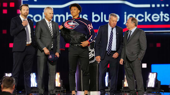 Jun 28, 2024; Las Vegas, Nevada, USA; Cayden Lindstrom is selected with the 4th overall pick in the first round of the 2024 NHL Draft by the Columbus Blue Jackets at The Sphere. Mandatory Credit: Stephen R. Sylvanie-Imagn Images