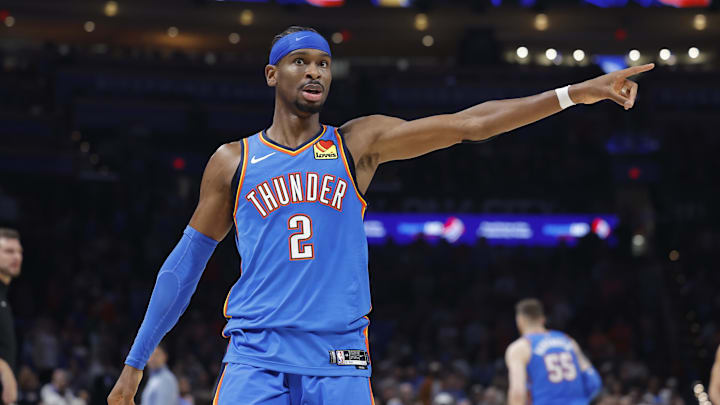 Nov 23, 2025; Oklahoma City, Oklahoma, USA; Oklahoma City Thunder guard Shai Gilgeous-Alexander (2) gestures to his team before a play against the Portland Trail Blazers during the second quarter at Paycom Center. Mandatory Credit: Alonzo Adams-Imagn Images