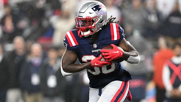 Oct 24, 2022; Foxborough, Massachusetts, USA; New England Patriots running back Rhamondre Stevenson