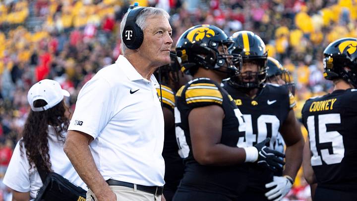 Iowa Hawkeyes head coach Kirk Ferentz is pictured during a timeout Oct. 3, 2026 at Kinnick Stadium in Iowa City, Iowa.