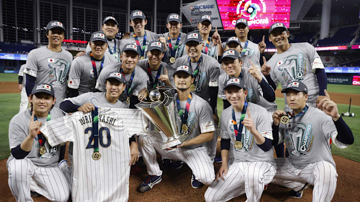 Mar 21, 2023; Miami, Florida, USA; Japan pitcher Yu Darvish (11) (C) and team Japan celebrate after defeating the USA in the World Baseball Classic at LoanDepot Park. Mandatory Credit: Rhona Wise-Imagn Images Mar 21, 2023; Miami, Florida, USA; Japan pitcher Yu Darvish (11) (C) and team Japan celebrate after defeating the USA in the World Baseball Classic at LoanDepot Park. Mandatory Credit: Rhona Wise-Imagn Images